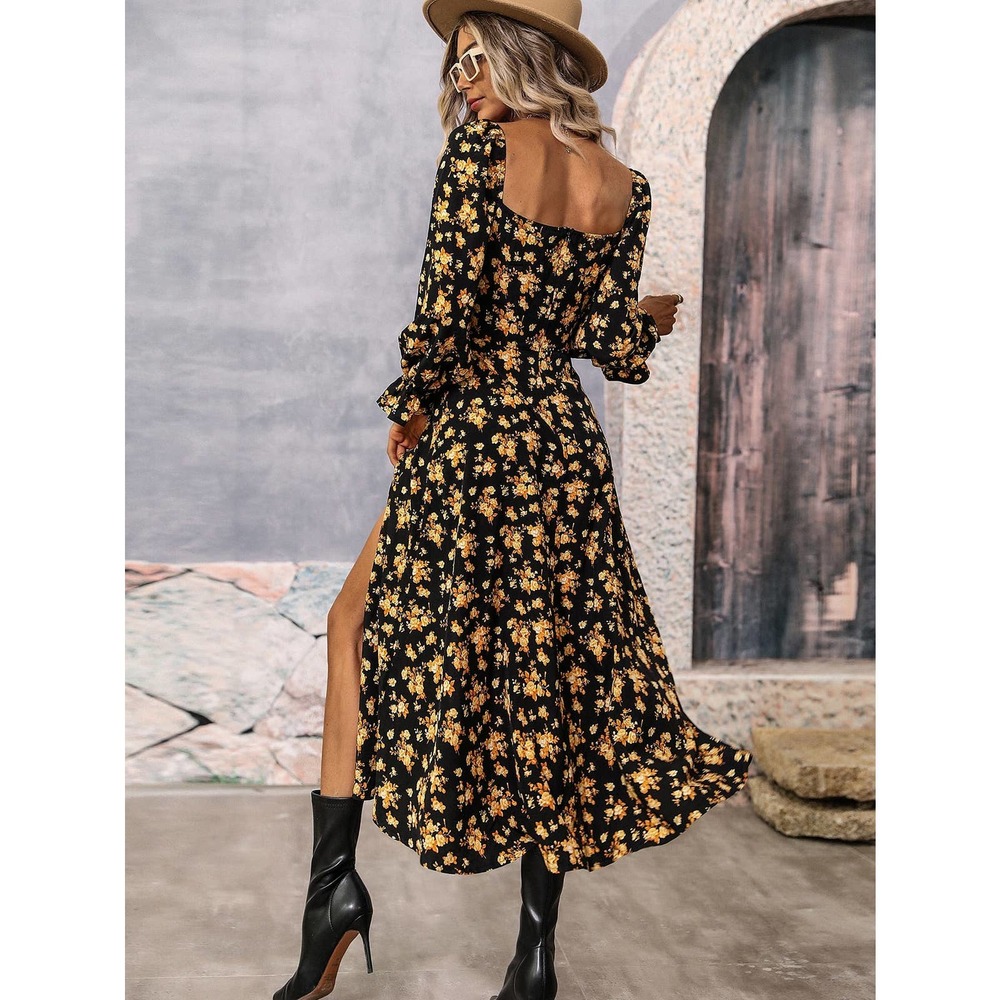 Blue white Floral Print Flounce long Sleeve Knotted Split Thigh midi Dress boho - Picture 6 of 11